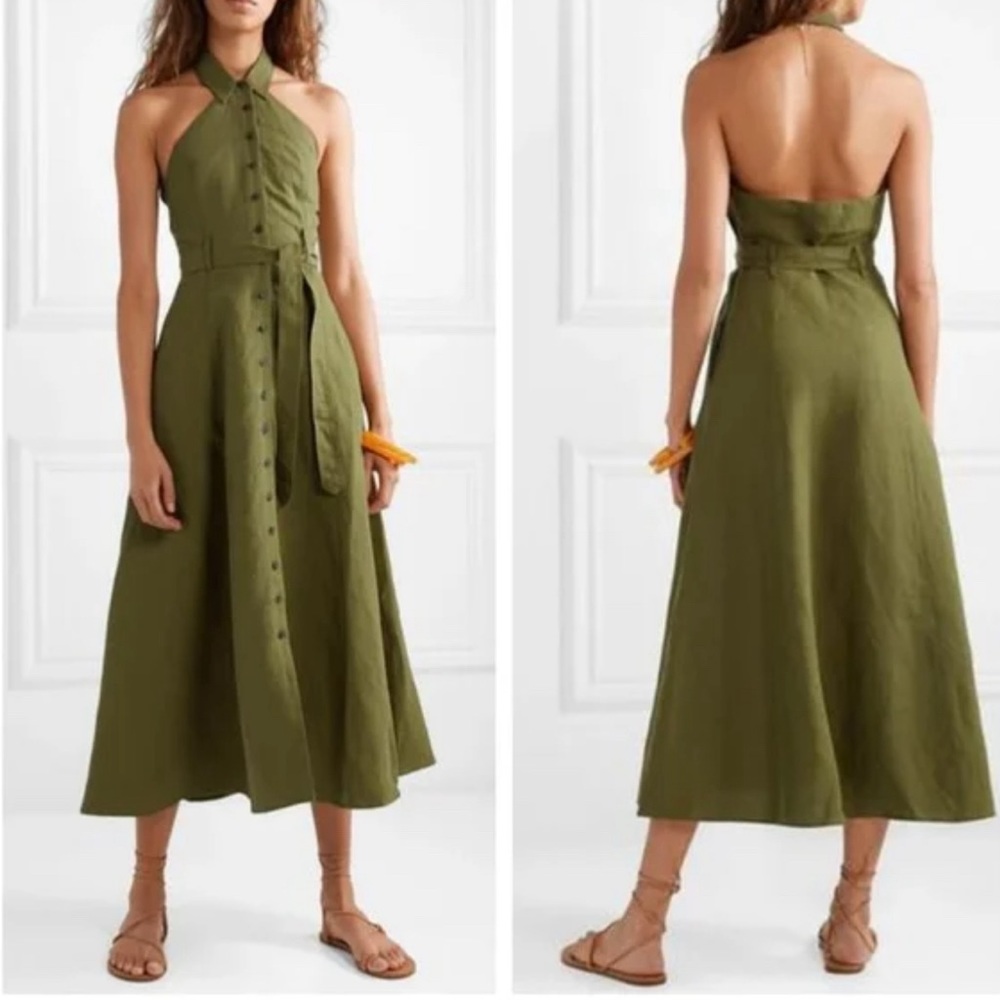 Mara Hoffman Rosemary Halter Neck Midi Linen Dress size 6 Olive Green
